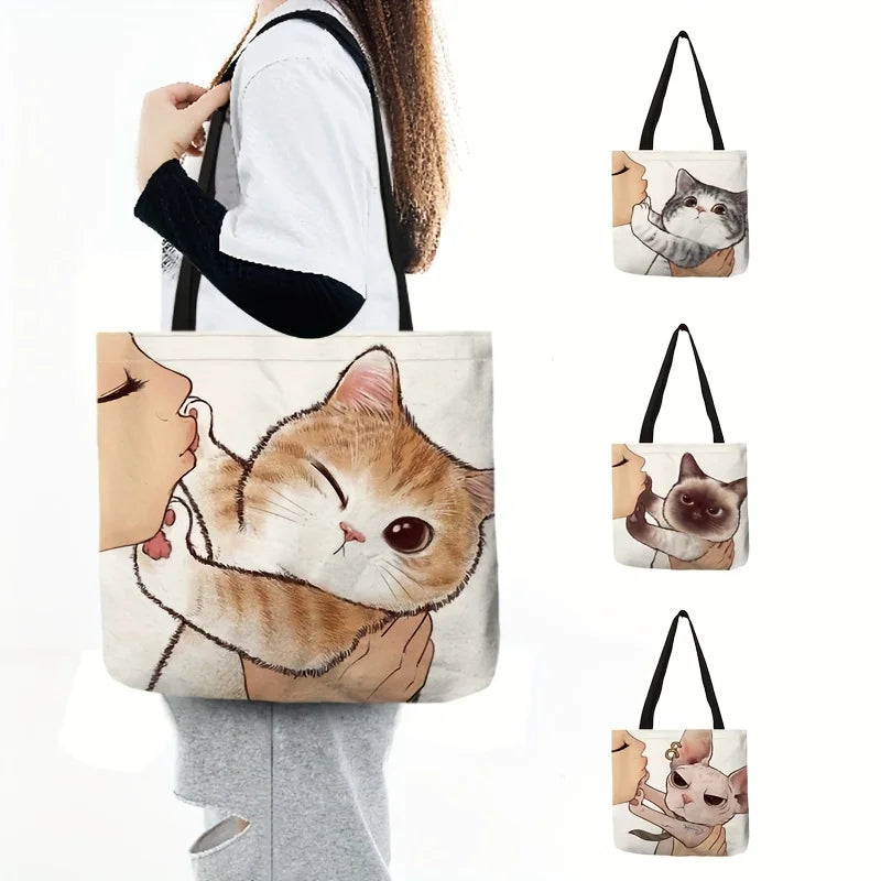 Cute Cartoon Cat Print Tote Bag