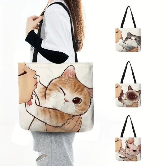 Cute Cartoon Cat Print Tote Bag