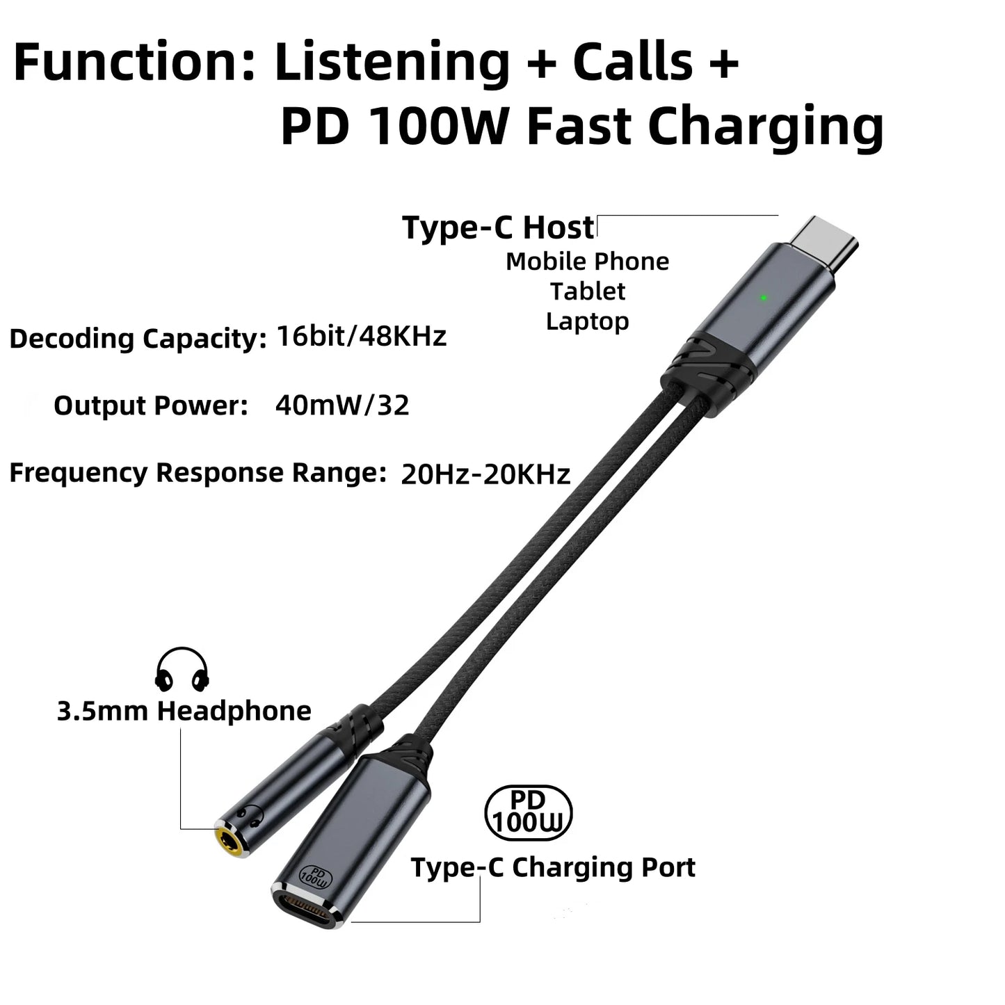 USB C to 3.5mm Headphone and Charger 2 In 1 Adapter