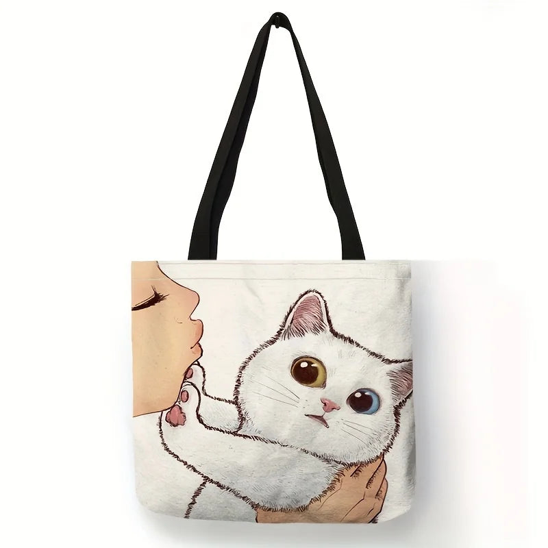 Cute Cartoon Cat Print Tote Bag