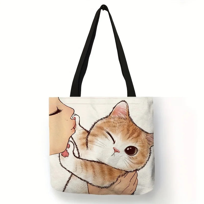 Cute Cartoon Cat Print Tote Bag