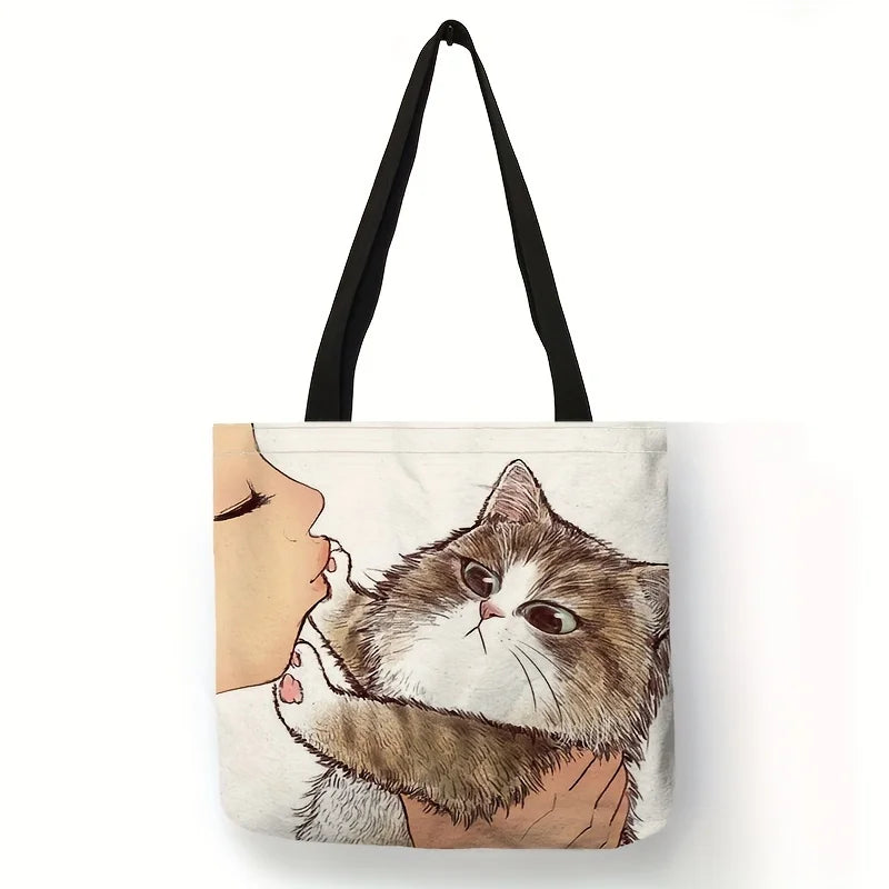 Cute Cartoon Cat Print Tote Bag