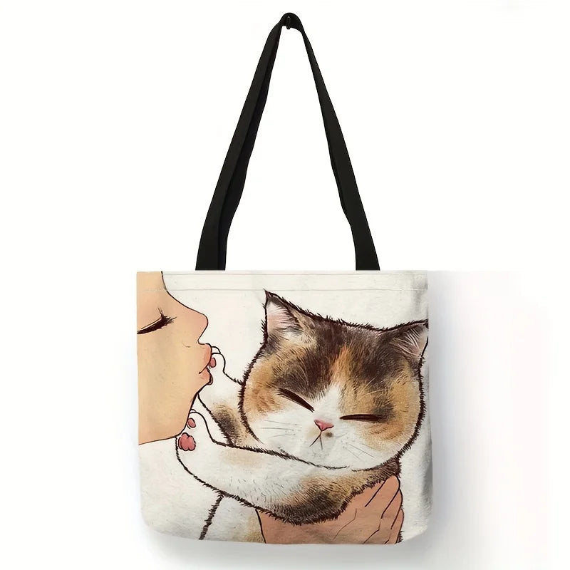 Cute Cartoon Cat Print Tote Bag