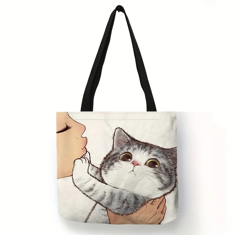 Cute Cartoon Cat Print Tote Bag