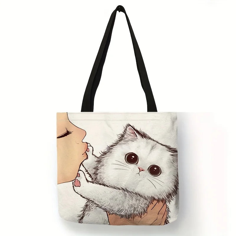 Cute Cartoon Cat Print Tote Bag