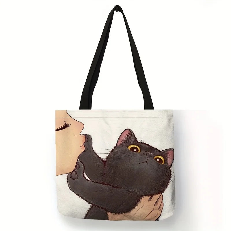 Cute Cartoon Cat Print Tote Bag
