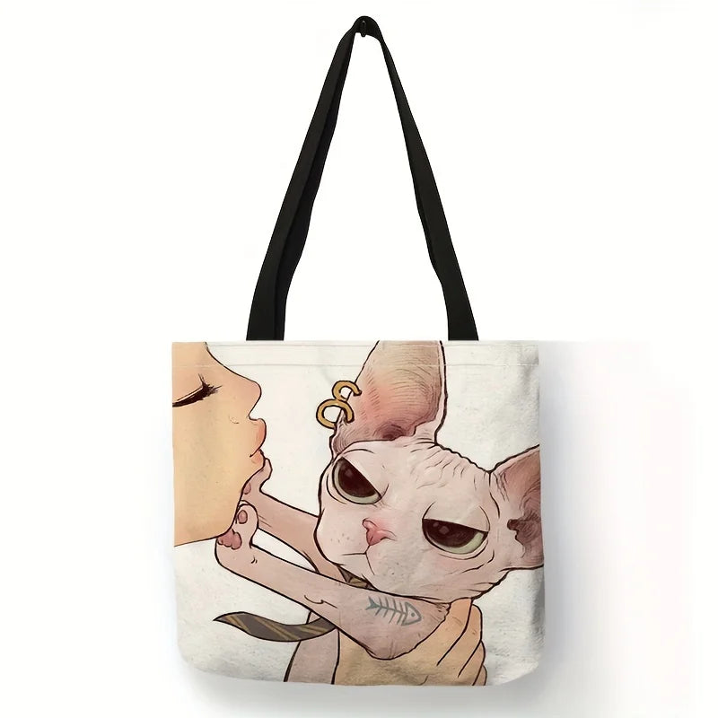 Cute Cartoon Cat Print Tote Bag