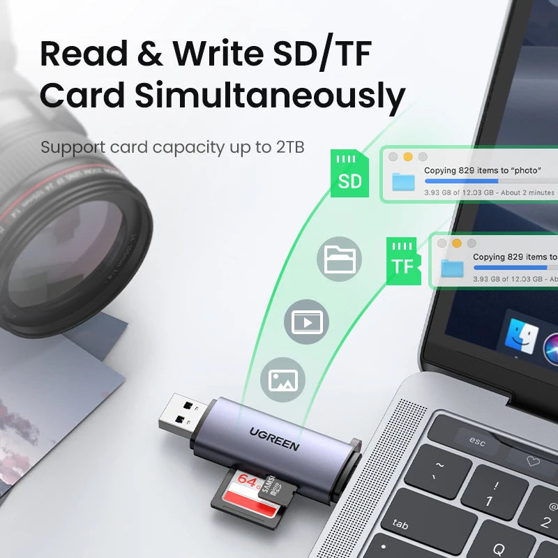 UGREEN Card Reader USB3.0&USB C to SD MicroSD TF Thunderbolt 3 for PC Laptop/Smart Memory Cardreader SD Card Adapter